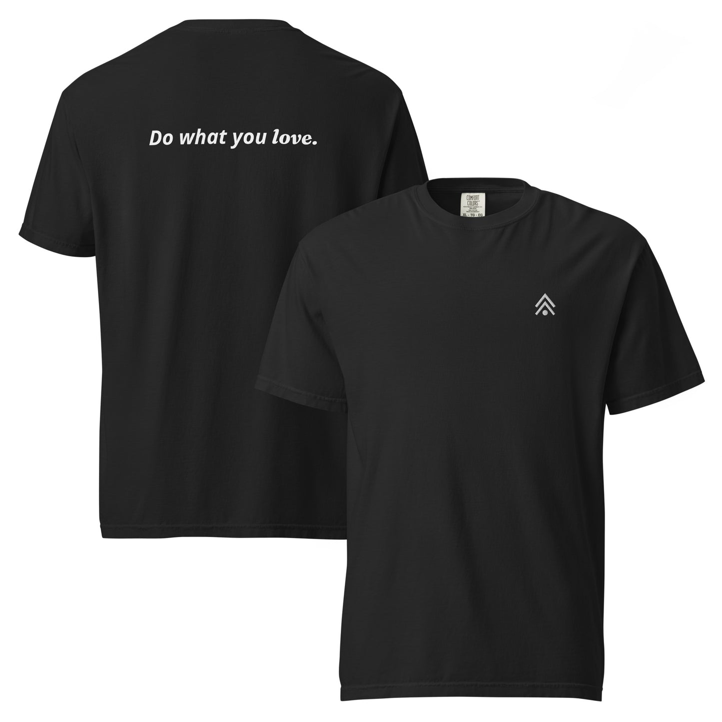 Black t-shirt with 'Do what you love.' text on the back and a logo on the front, displayed on a white background.